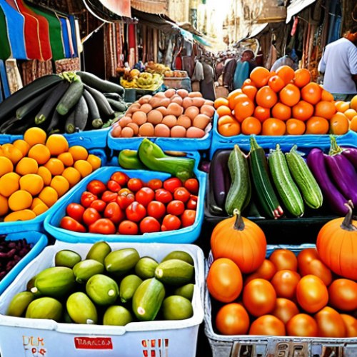 Home 15 ** A vibrant Tunisian market scene, overflowing with fresh fruits and vegetables. Focus on the colorful display of produce like tomatoes, eggplants, zucchini, and pumpkins.
**