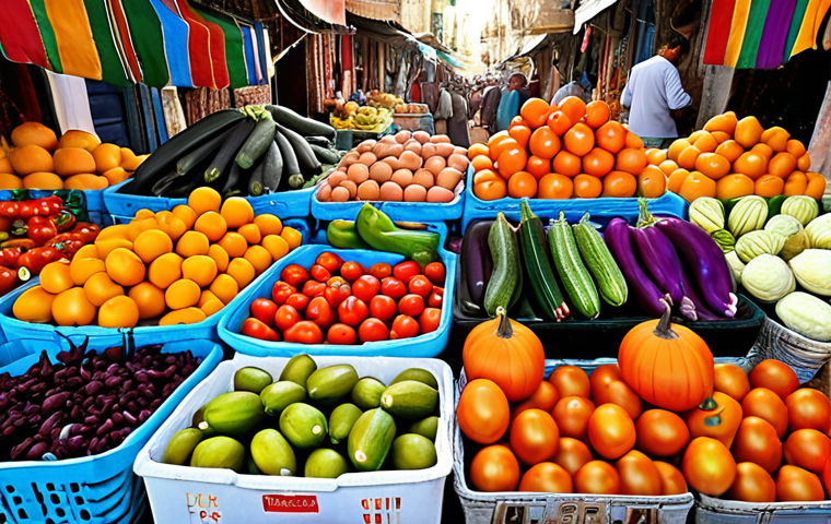** A vibrant Tunisian market scene, overflowing with fresh fruits and vegetables. Focus on the colorful display of produce like tomatoes, eggplants, zucchini, and pumpkins.

**
