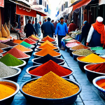 A bustling marketplace in Tunis, with vendors selling colorful textiles, spices, and traditional crafts. Shoppers in modest clothing browse the stalls, creating a vibrant scene of commerce and culture.