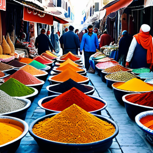 Home 14 A bustling marketplace in Tunis, with vendors selling colorful textiles, spices, and traditional crafts. Shoppers in modest clothing browse the stalls, creating a vibrant scene of commerce and culture.