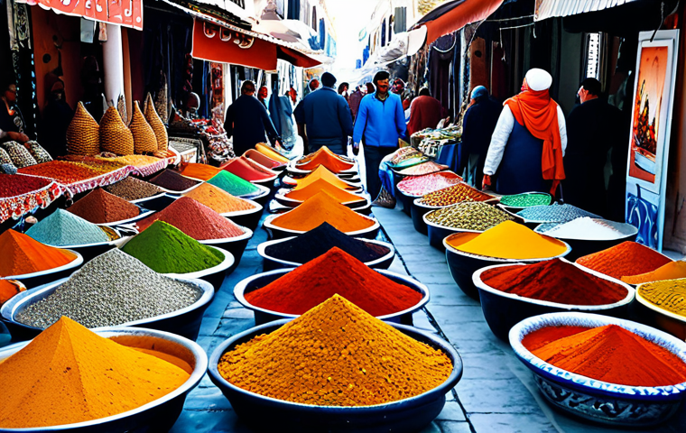 A bustling marketplace in Tunis, with vendors selling colorful textiles, spices, and traditional crafts. Shoppers in modest clothing browse the stalls, creating a vibrant scene of commerce and culture.
