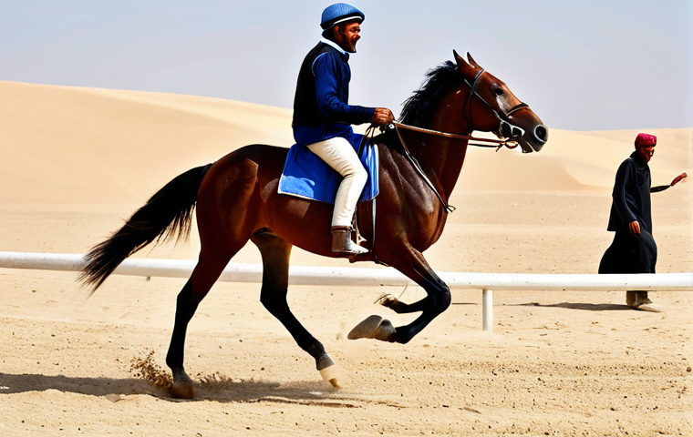 Tunisian Horse Racing**

"A fully clothed jockey riding a powerful horse during a traditional Tunisian horse race in the desert. Spectators are cheering in the background, fully clothed in modest attire. Daytime, bright sunlight, sand dunes, appropriate content, safe for work, perfect anatomy, natural proportions, professional photography, high quality, family-friendly."

**