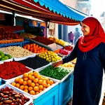 **

"A vibrant Tunisian market scene, overflowing with fresh fruits and vegetables. A friendly, fully clothed woman in a modest headscarf is buying dates from a vendor. Bright sunlight, colourful textiles, safe for work, appropriate content, family-friendly, perfect anatomy, correct proportions, professional photography, high quality."

**