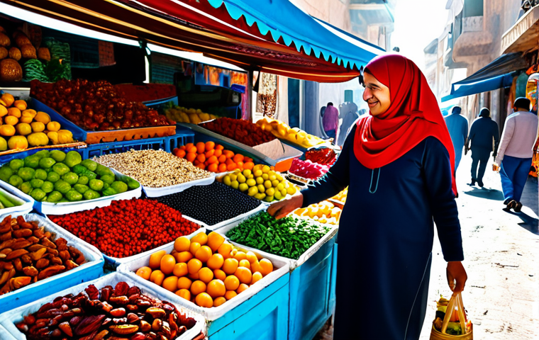 **

"A vibrant Tunisian market scene, overflowing with fresh fruits and vegetables. A friendly, fully clothed woman in a modest headscarf is buying dates from a vendor. Bright sunlight, colourful textiles, safe for work, appropriate content, family-friendly, perfect anatomy, correct proportions, professional photography, high quality."

**