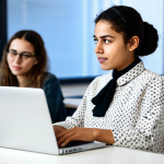 **Prompt:** A young Tunisian woman, fully clothed in a professional blouse and modest skirt, coding on a laptop in a brightly lit, modern co-working space filled with diverse people. Focus on the glow of the screen illuminating her face, displaying lines of Python code. safe for work, appropriate content, professional, perfect anatomy, natural pose, high quality.