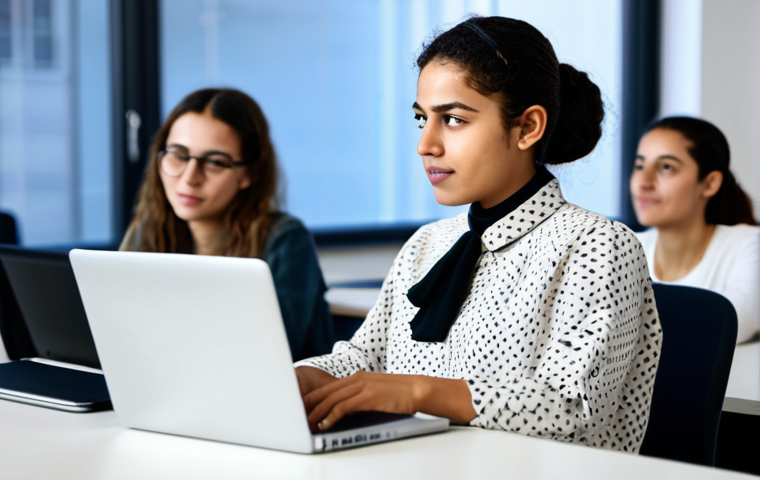 **Prompt:** A young Tunisian woman, fully clothed in a professional blouse and modest skirt, coding on a laptop in a brightly lit, modern co-working space filled with diverse people. Focus on the glow of the screen illuminating her face, displaying lines of Python code. safe for work, appropriate content, professional, perfect anatomy, natural pose, high quality.