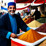 튀니지에서 아랍어 기본 표현 - "A friendly Tunisian market vendor, fully clothed in modest traditional attire, selling colorful spi...