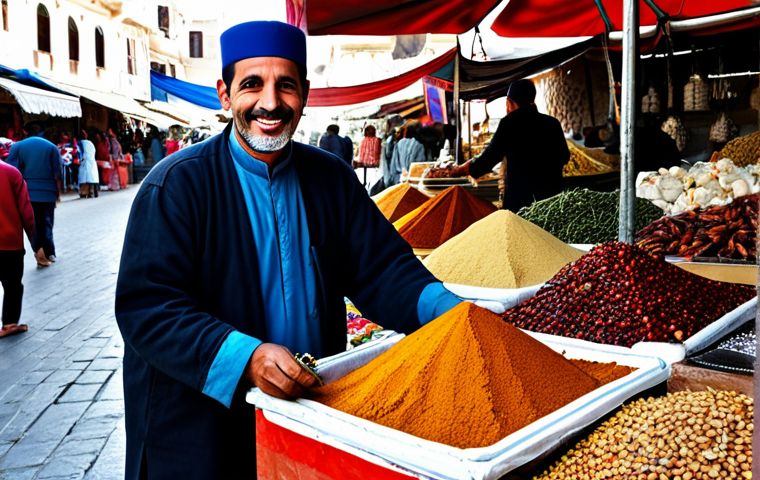 튀니지에서 아랍어 기본 표현 - "A friendly Tunisian market vendor, fully clothed in modest traditional attire, selling colorful spi...