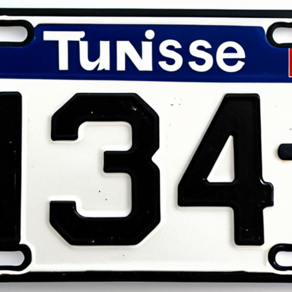 튀니지 자동차 번호판 체계 - A Tunisian car license plate with the code "1" for Tunis, white background, black lettering "1234 TU...