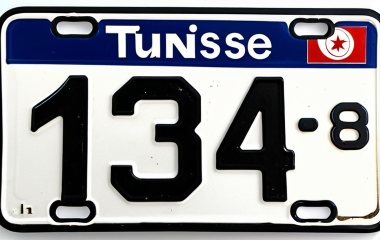 튀니지 자동차 번호판 체계 - A Tunisian car license plate with the code "1" for Tunis, white background, black lettering "1234 TU...