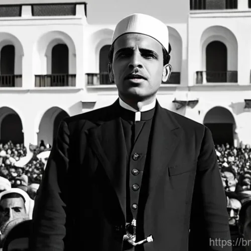 하비브 부르기바 생애 - **Prompt:** A dynamic, mid-shot portrait of a younger Habib Bourguiba (appearing in his 30s-40s), st...