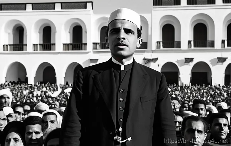 하비브 부르기바 생애 - **Prompt:** A dynamic, mid-shot portrait of a younger Habib Bourguiba (appearing in his 30s-40s), st...