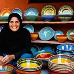튀니지 기념품 추천 - **Prompt 1: A Vibrant Tunisian Ceramics Market**
    A bustling outdoor market stall in Nabeul, Tuni...