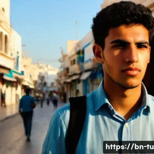 튀니지 내 빈곤층 문제 - **Prompt 1: Tunisian Youth Seeking Future**
    A young Tunisian man, in his early twenties, stands ...