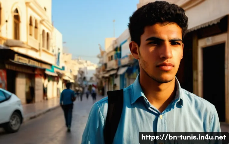 튀니지 내 빈곤층 문제 - **Prompt 1: Tunisian Youth Seeking Future**
    A young Tunisian man, in his early twenties, stands ...