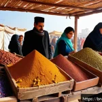 Home 18 튀니지 로컬 시장 방문기 - A vibrant Tunisian market scene filled with colorful spice stalls showcasing varieties like cardamom...
