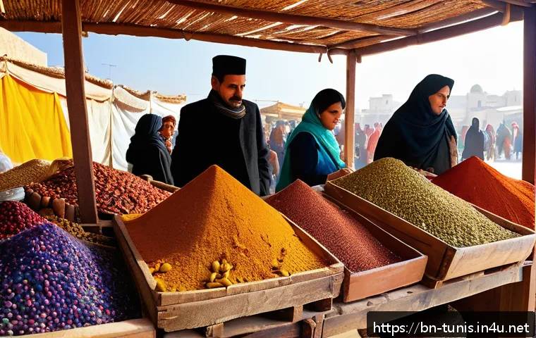 튀니지 로컬 시장 방문기 - A vibrant Tunisian market scene filled with colorful spice stalls showcasing varieties like cardamom...