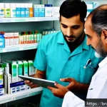 Home 23 튀니지 내 약국 및 의약품 가격 - A detailed scene inside a Tunisian pharmacy showcasing a pharmacist consulting a Bengali-speaking cu...