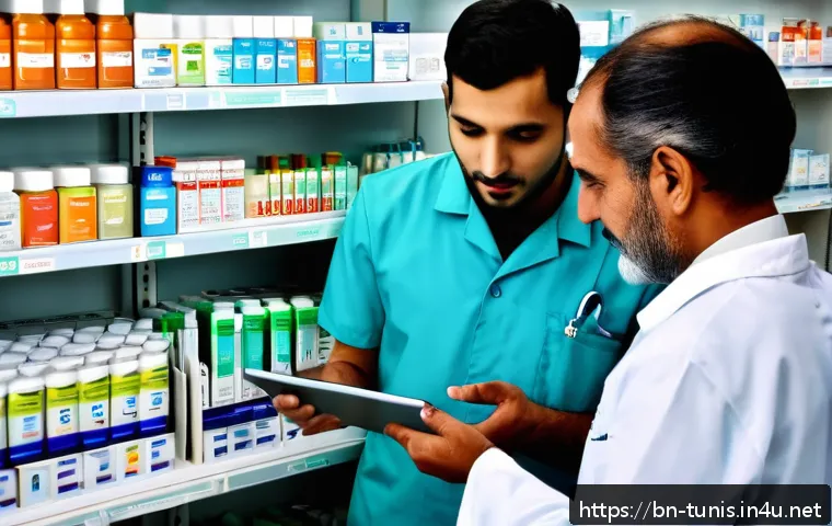 튀니지 내 약국 및 의약품 가격 - A detailed scene inside a Tunisian pharmacy showcasing a pharmacist consulting a Bengali-speaking cu...