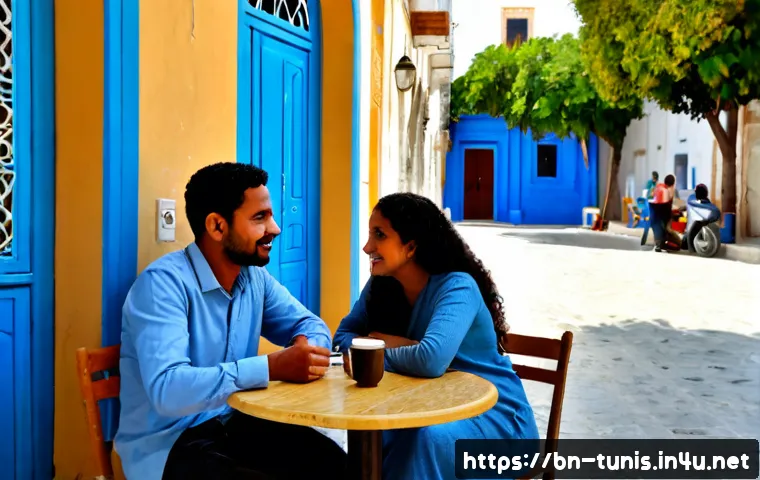 튀니지에서 프랑스어 사용 비율 - Photorealistic street scene in Tunis, Tunisia, two adult friends having a warm everyday conversation...