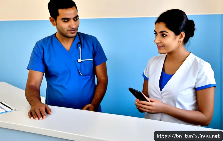 튀니지 병원 이용법 - Photorealistic modern hospital reception in Tunisia, a Bengali traveler speaking calmly with a helpf...