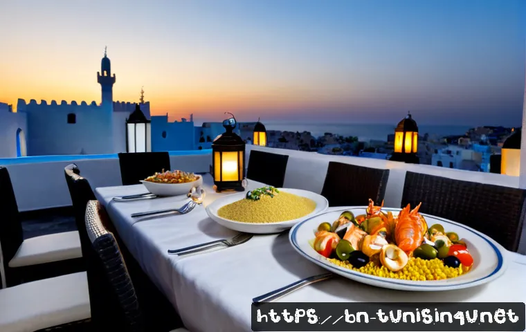 튀니지 내 핫한 레스토랑 - Photorealistic evening scene at a fashionable Tunisian rooftop restaurant in Tunis, elegant outdoor ...